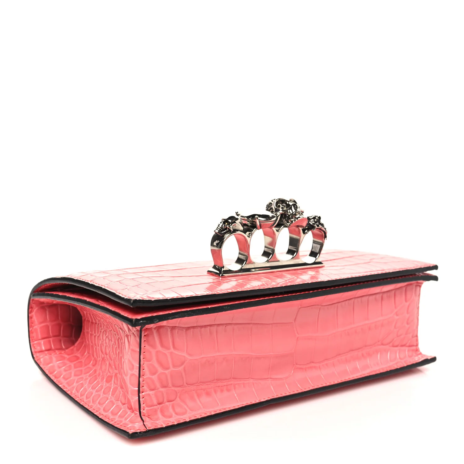 Alexander McQueen Shiny Crocodile Embossed Jeweled Satchel Pink — view 4