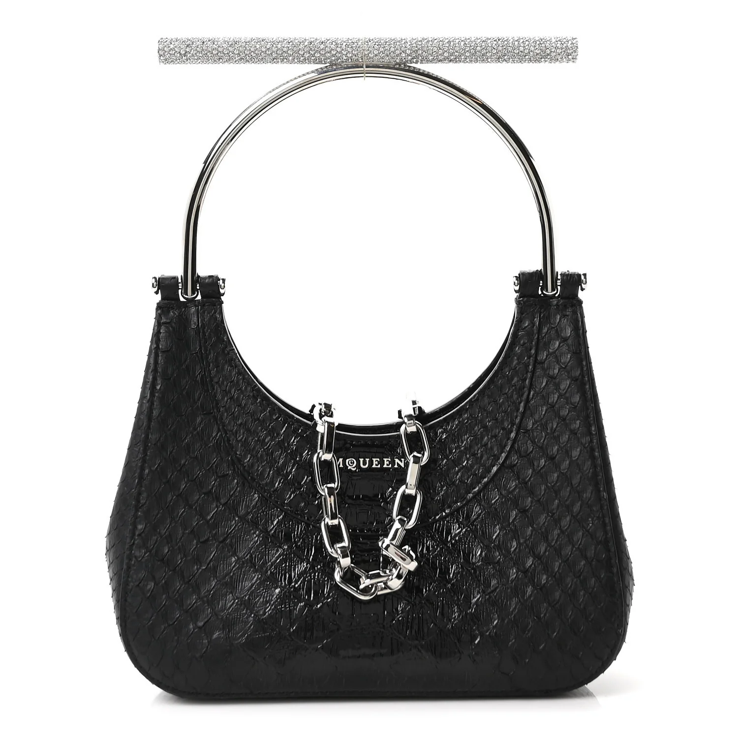 Alexander McQueen Snakeskin Crystal Mini T Bar Top Handle Black