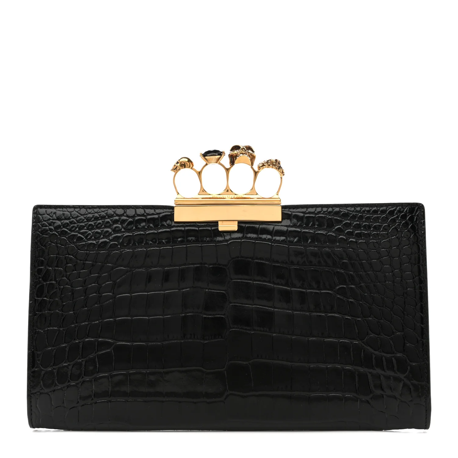 Alexander McQueen Calfskin Crocodile Embossed Knuckle Flat Clutch Black Gold