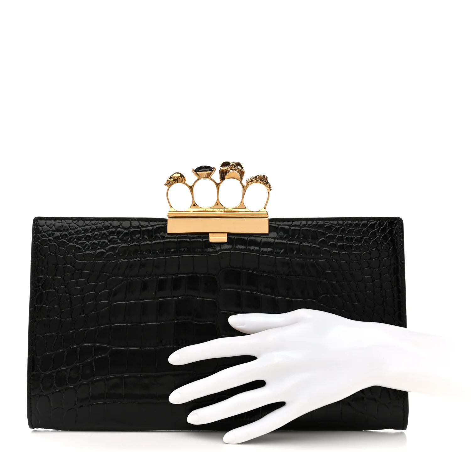 Alexander McQueen Calfskin Crocodile Embossed Knuckle Flat Clutch Black Gold — view 2