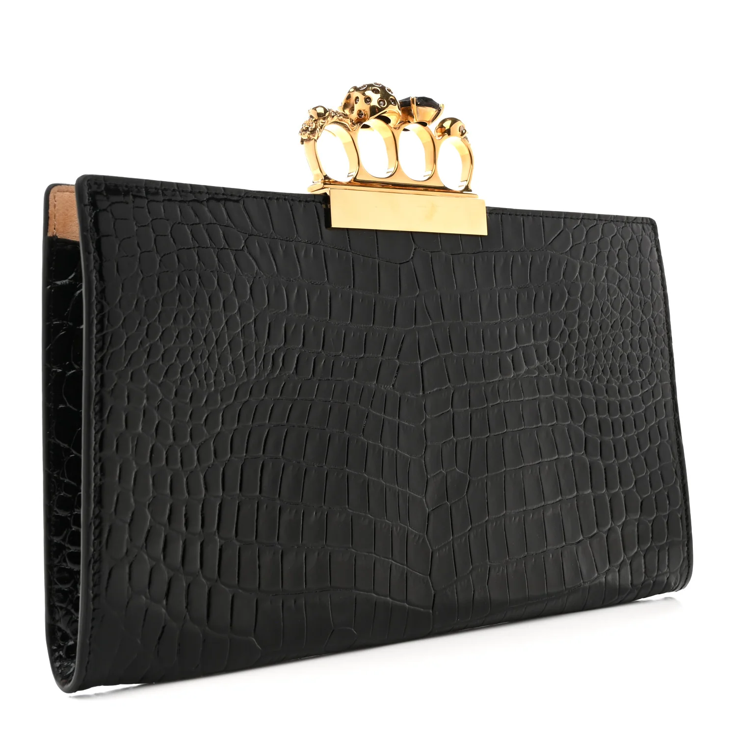 Alexander McQueen Calfskin Crocodile Embossed Knuckle Flat Clutch Black Gold — view 3