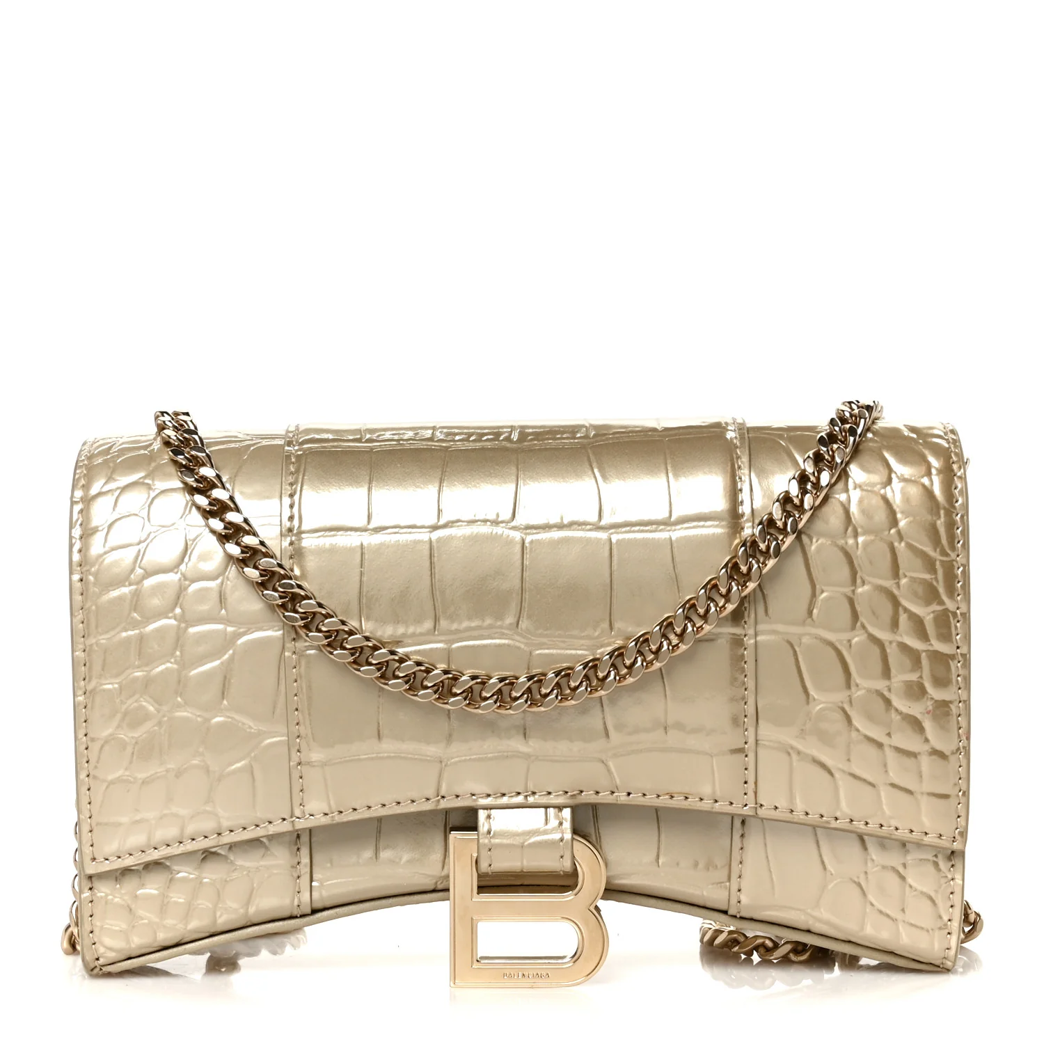 Balenciaga Metallic Calfskin Crocodile Embossed Hourglass Chain Bag Gold