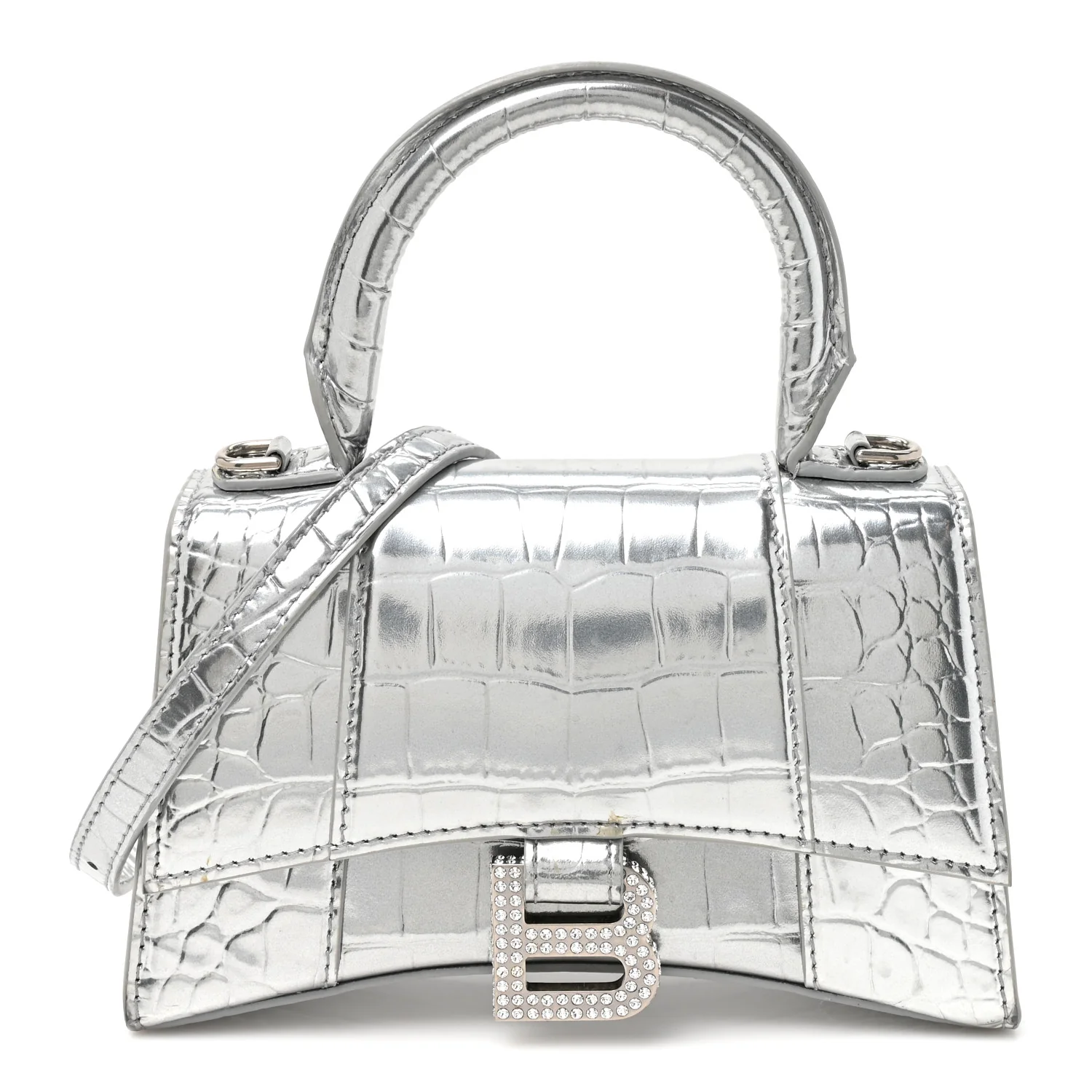 Balenciaga Metallic Calfskin Crocodile Embossed Crystal Hourglass Top Handle Bag XS Silver