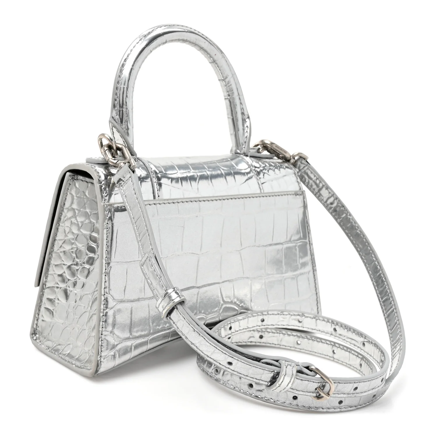 Balenciaga Metallic Calfskin Crocodile Embossed Crystal Hourglass Top Handle Bag XS Silver — view 2