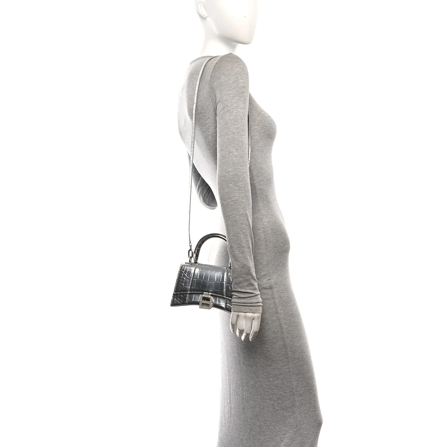 Balenciaga Metallic Calfskin Crocodile Embossed Crystal Hourglass Top Handle Bag XS Silver — view 3