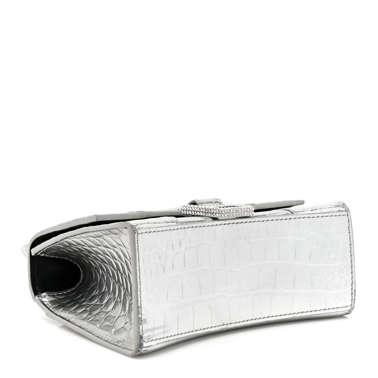 Balenciaga Metallic Calfskin Crocodile Embossed Crystal Hourglass Top Handle Bag XS Silver — view 4
