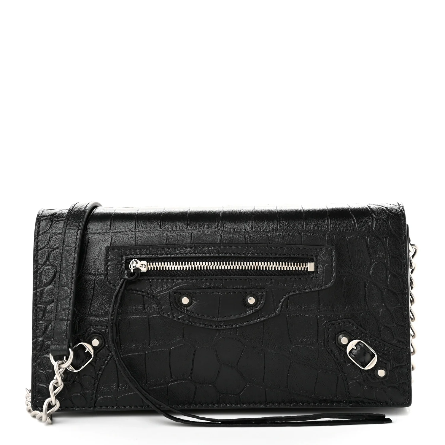 Balenciaga Crocodile Embossed Calfskin Classic Silver Hardware Le City Wallet On Chain Black
