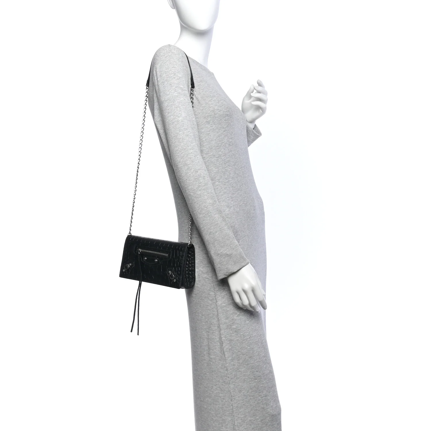 Balenciaga Crocodile Embossed Calfskin Classic Silver Hardware Le City Wallet On Chain Black — view 2