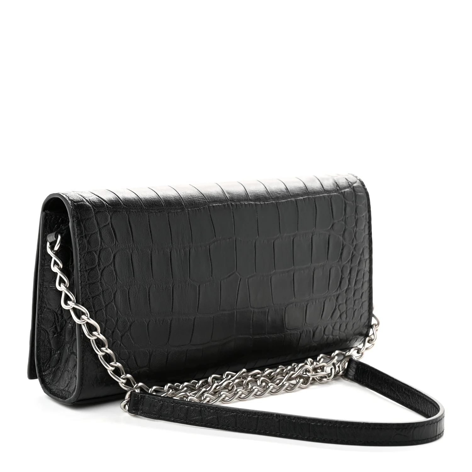 Balenciaga Crocodile Embossed Calfskin Classic Silver Hardware Le City Wallet On Chain Black — view 3