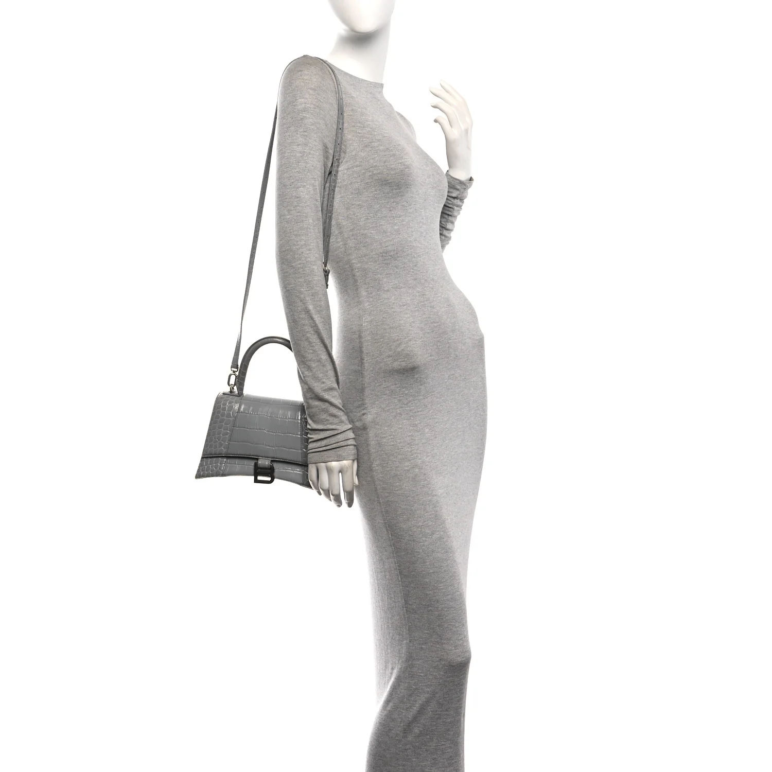Balenciaga Shiny Calfskin Crocodile Embossed Small Hourglass Top Handle Bag Balenciaga Grey Balenciaga Grey — view 2