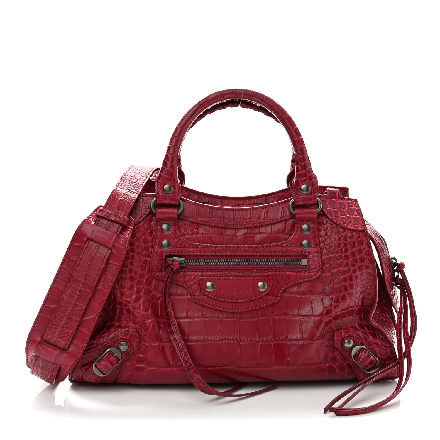 Balenciaga Calfskin Crocodile Embossed Neo Classic Silver Hardware S City Raspberry