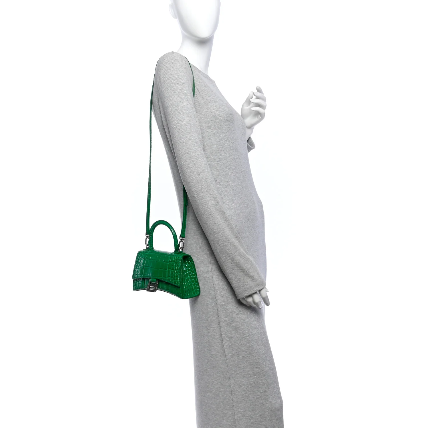 Balenciaga Shiny Calfskin Crocodile Embossed Hourglass Top Handle Bag XS Jade — view 2
