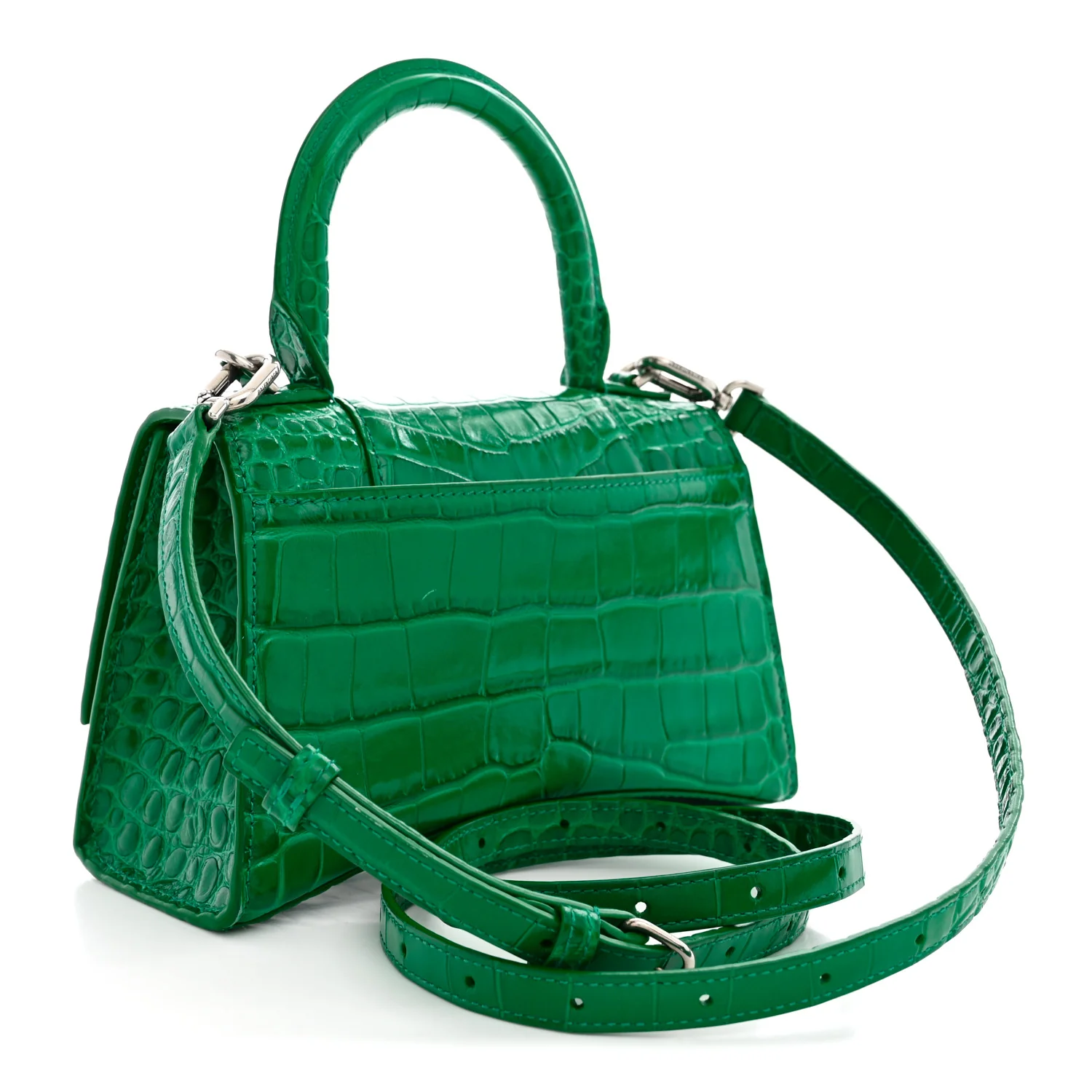 Balenciaga Shiny Calfskin Crocodile Embossed Hourglass Top Handle Bag XS Jade — view 3