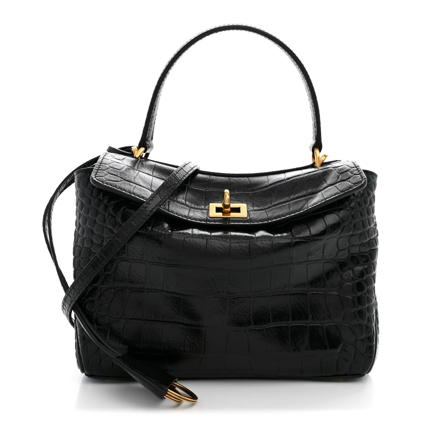 Balenciaga Shiny Calfskin Crocodile Embossed Mini Rodeo Top Handle Handbag Black