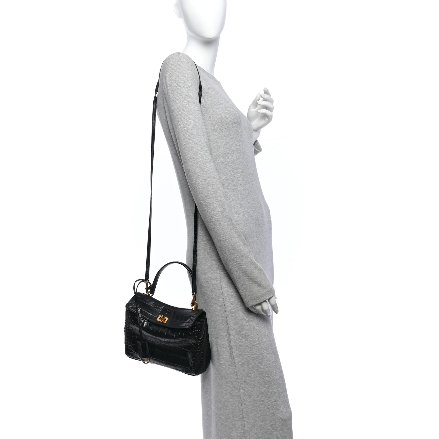 Balenciaga Shiny Calfskin Crocodile Embossed Mini Rodeo Top Handle Handbag Black — view 2