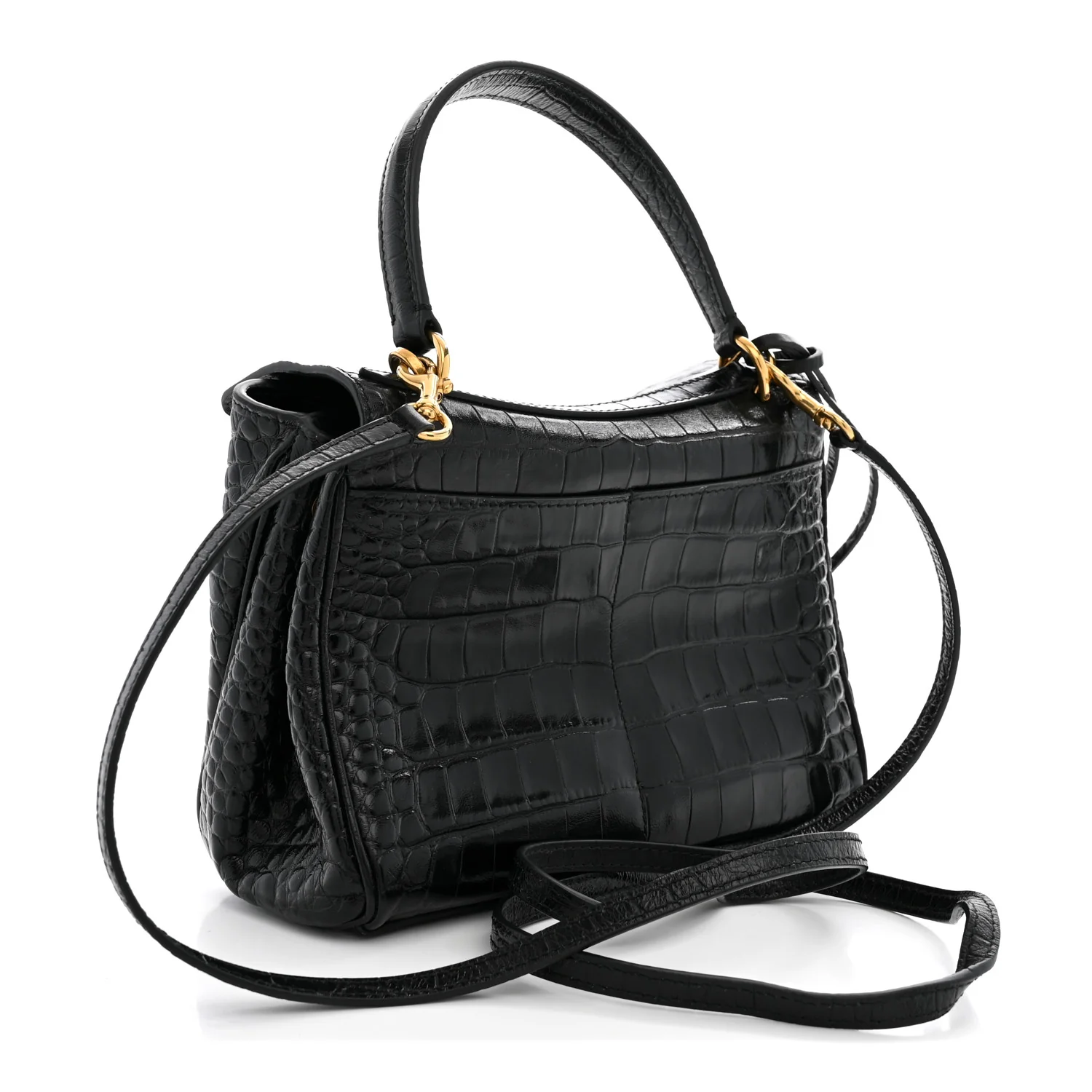 Balenciaga Shiny Calfskin Crocodile Embossed Mini Rodeo Top Handle Handbag Black — view 3