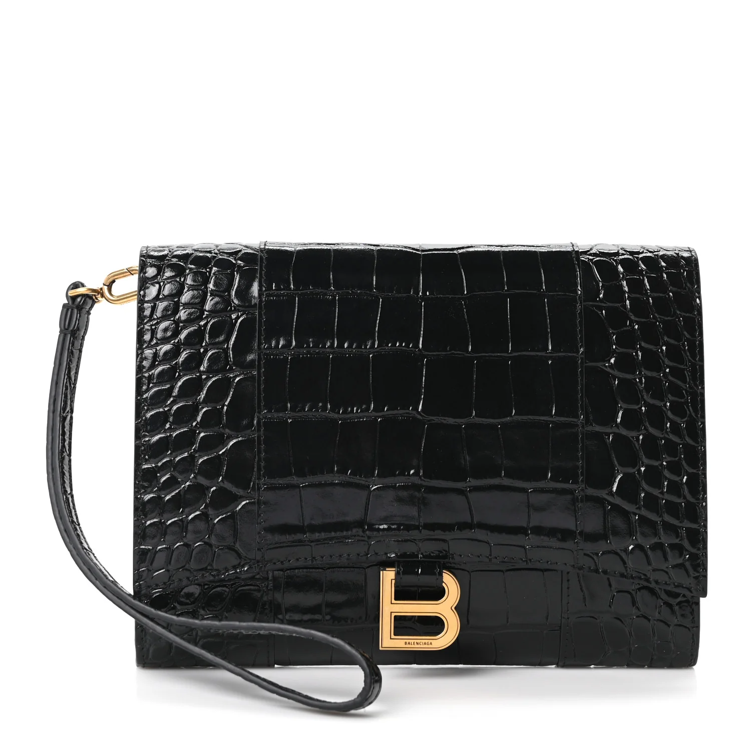 Balenciaga Shiny Calfskin Crocodile Embossed Hourglass Gusset Pouch Black