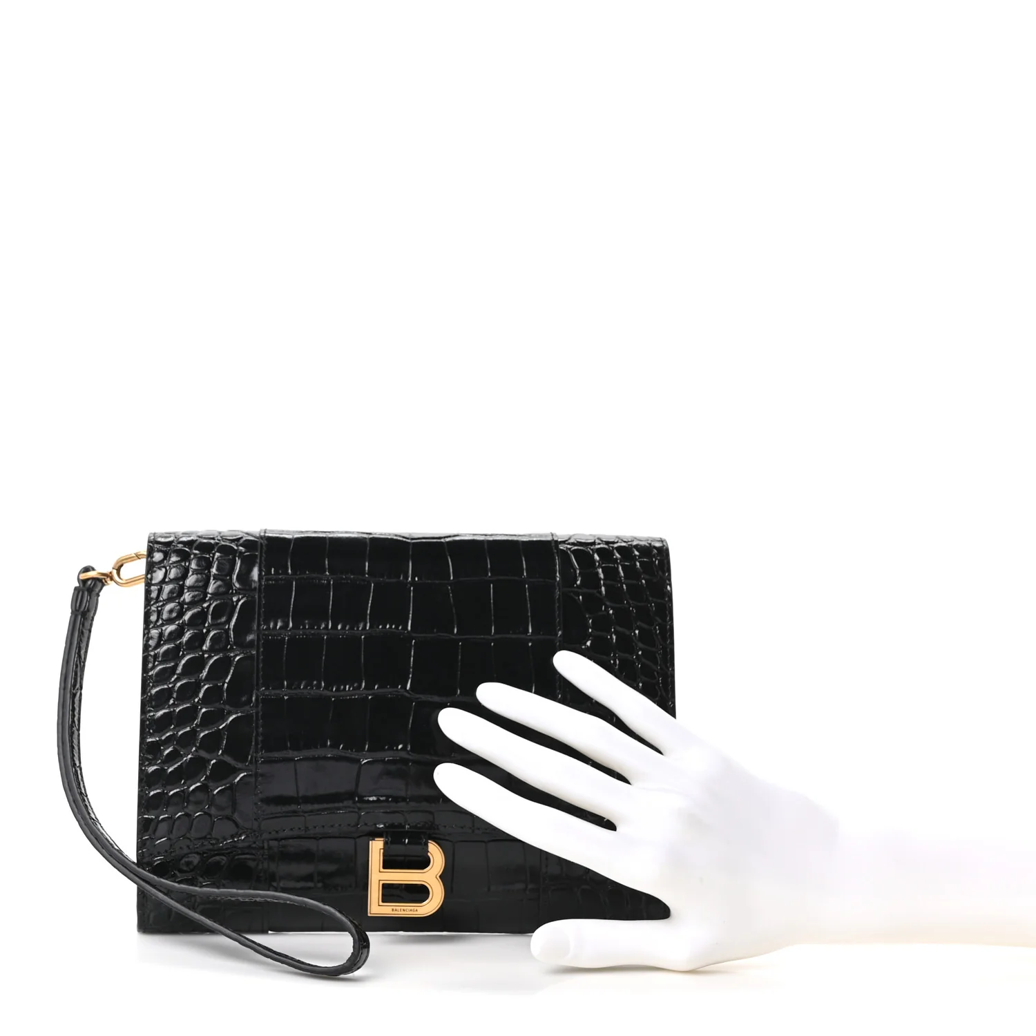 Balenciaga Shiny Calfskin Crocodile Embossed Hourglass Gusset Pouch Black — view 2
