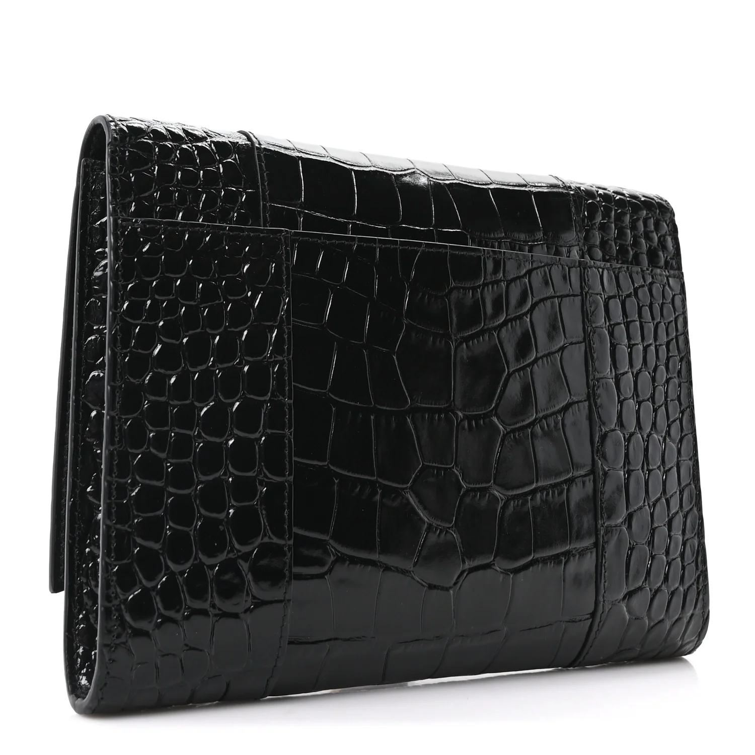 Balenciaga Shiny Calfskin Crocodile Embossed Hourglass Gusset Pouch Black — view 3