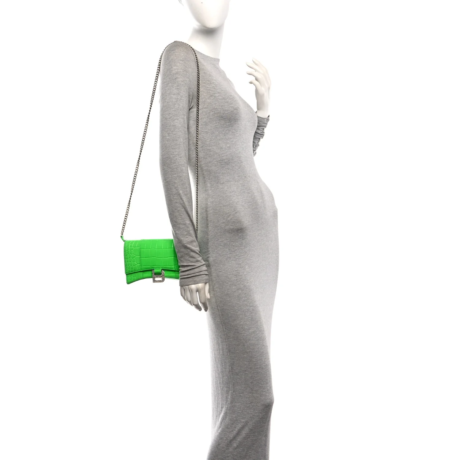 Balenciaga Shiny Calfskin Strass Crocodile Embossed Hourglass Chain Bag Fluo Green — view 2