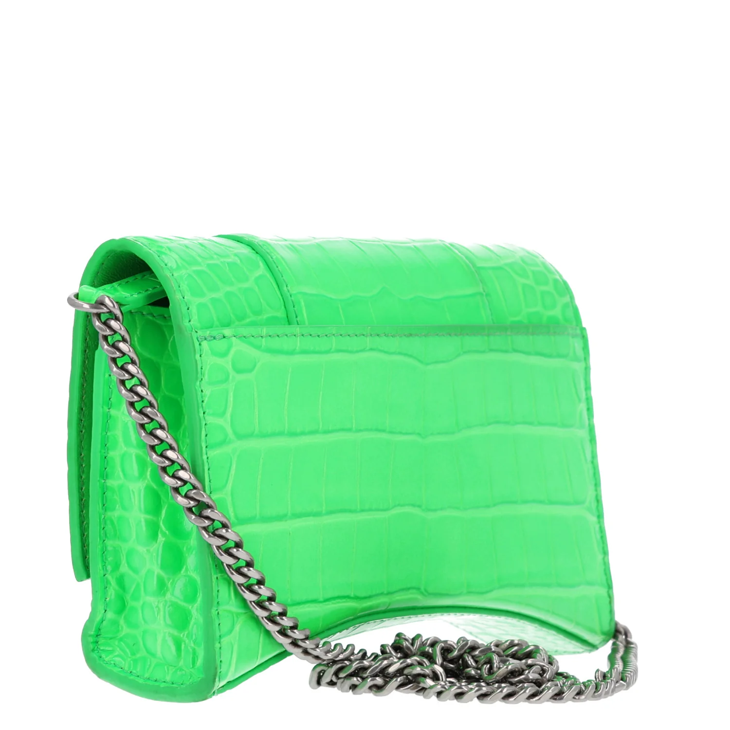 Balenciaga Shiny Calfskin Strass Crocodile Embossed Hourglass Chain Bag Fluo Green — view 3