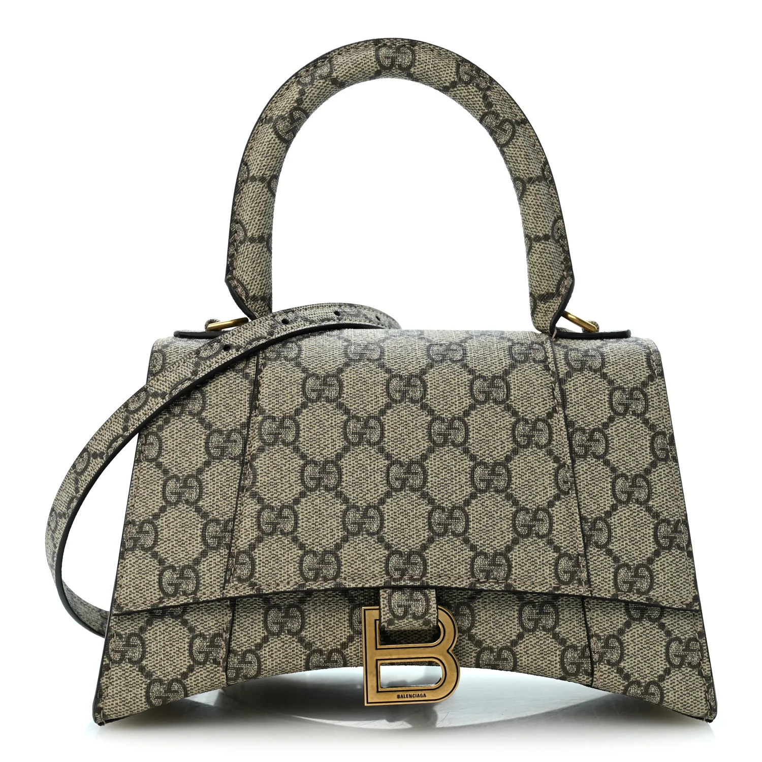 Balenciaga X GUCCI GG Supreme Monogram Small Hourglass Top Handle Bag Beige Ebony