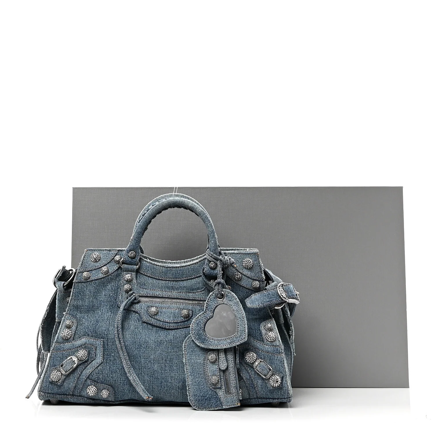 Balenciaga Washed Frayed Denim Crystal Neo Cagole City Handbag Blue