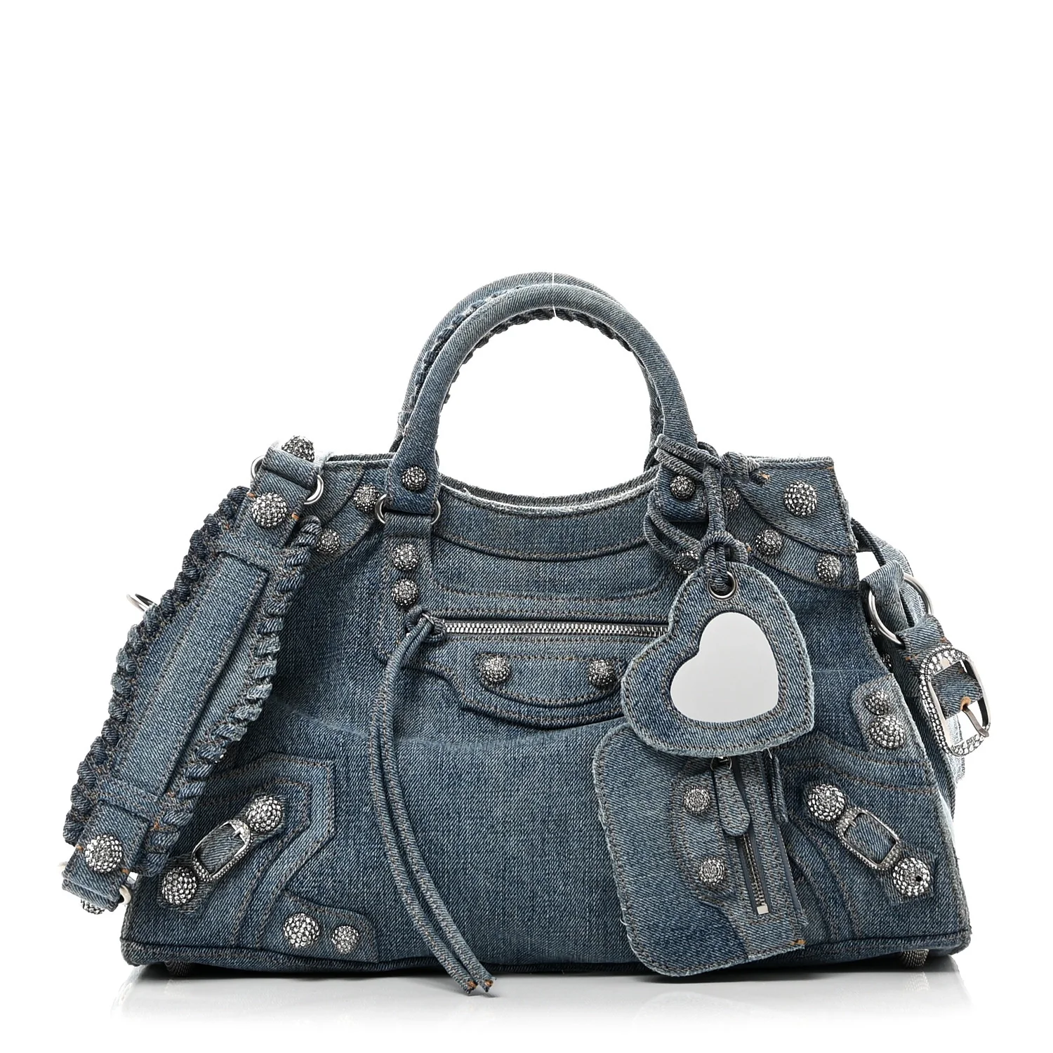 Balenciaga Washed Frayed Denim Crystal Neo Cagole City Handbag Blue — view 2