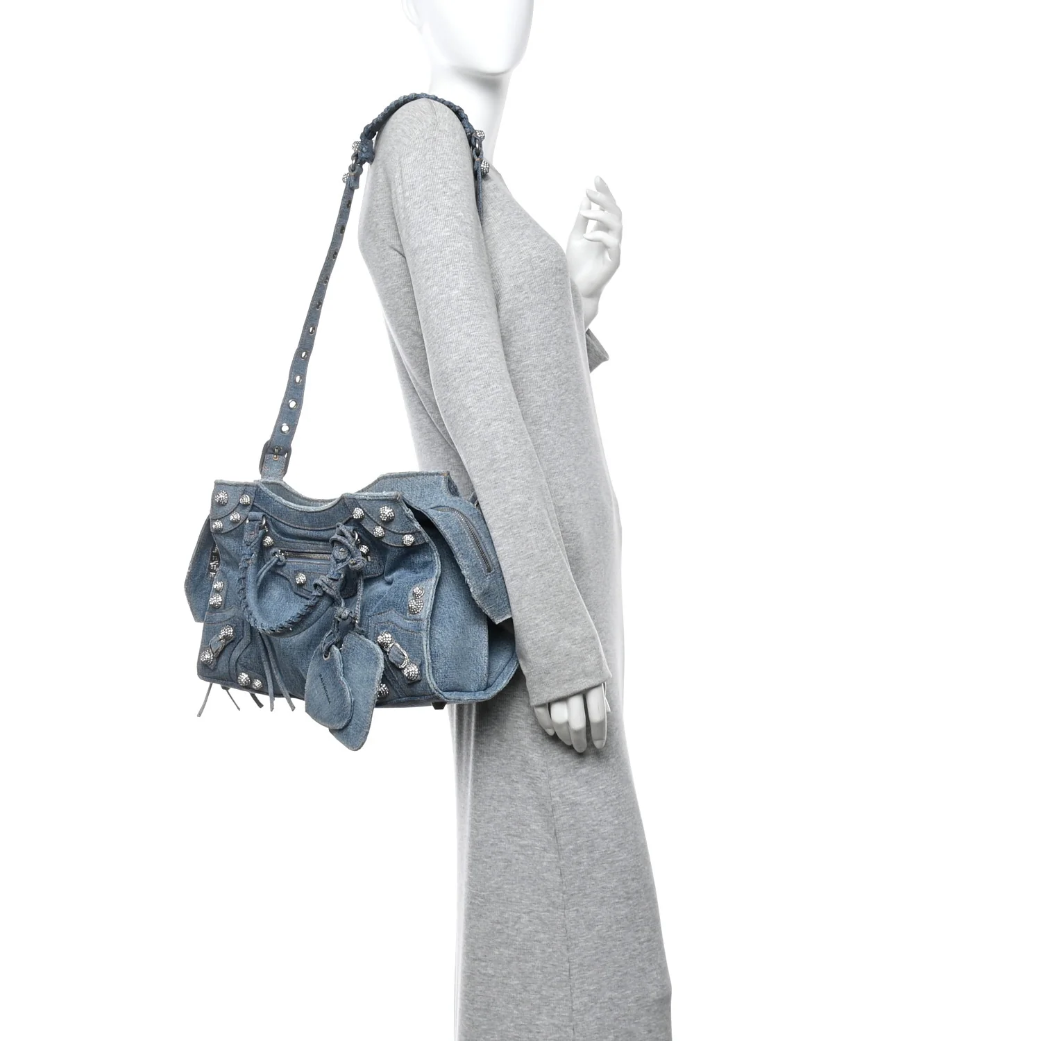 Balenciaga Washed Frayed Denim Crystal Neo Cagole City Handbag Blue — view 3