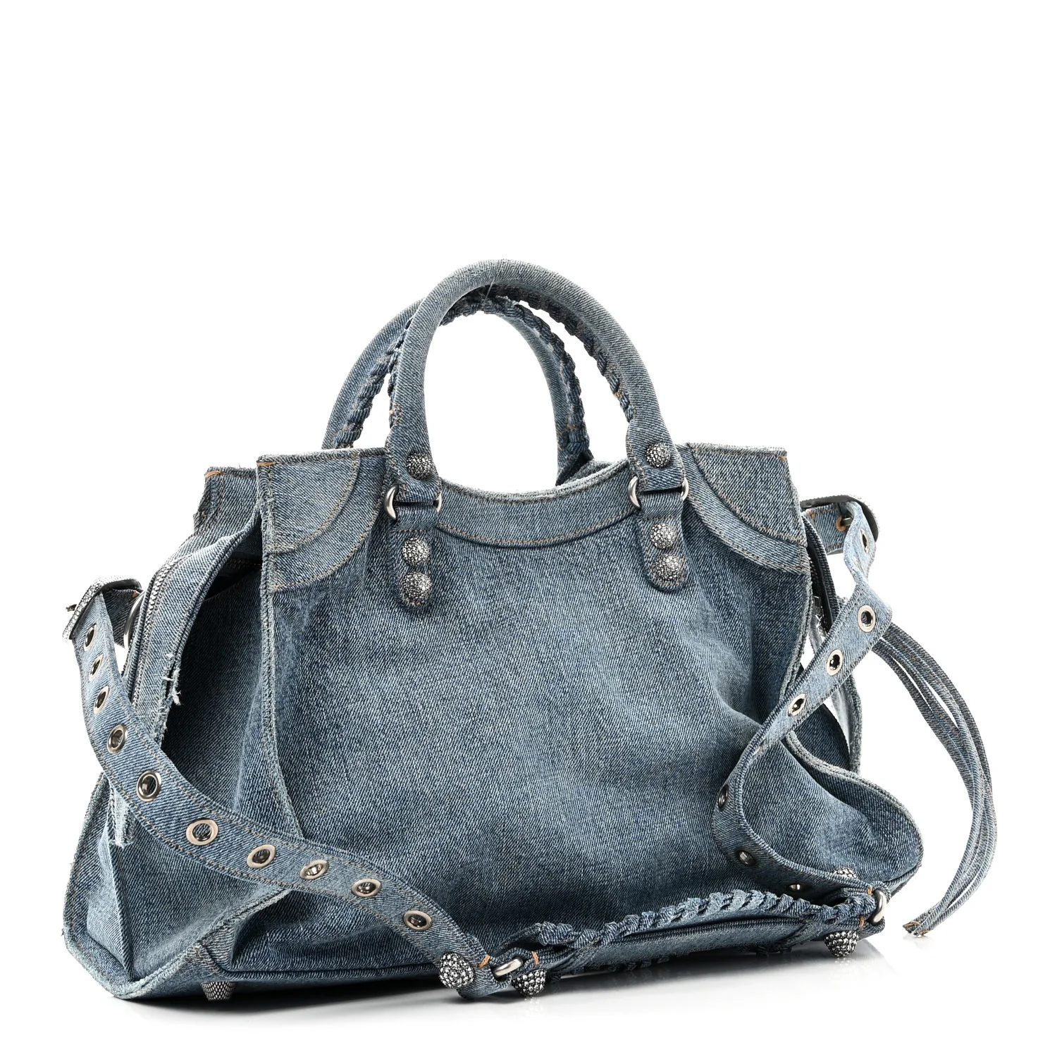 Balenciaga Washed Frayed Denim Crystal Neo Cagole City Handbag Blue — view 4