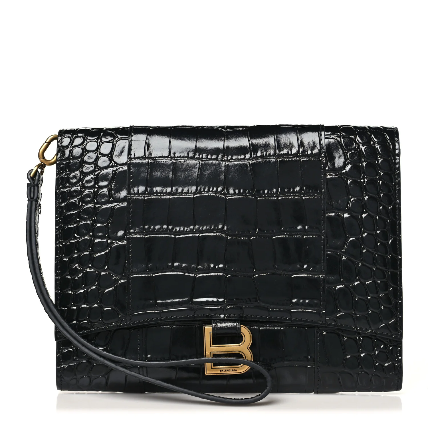 Balenciaga Shiny Calfskin Crocodile Embossed Hourglass Gusset Pouch Black
