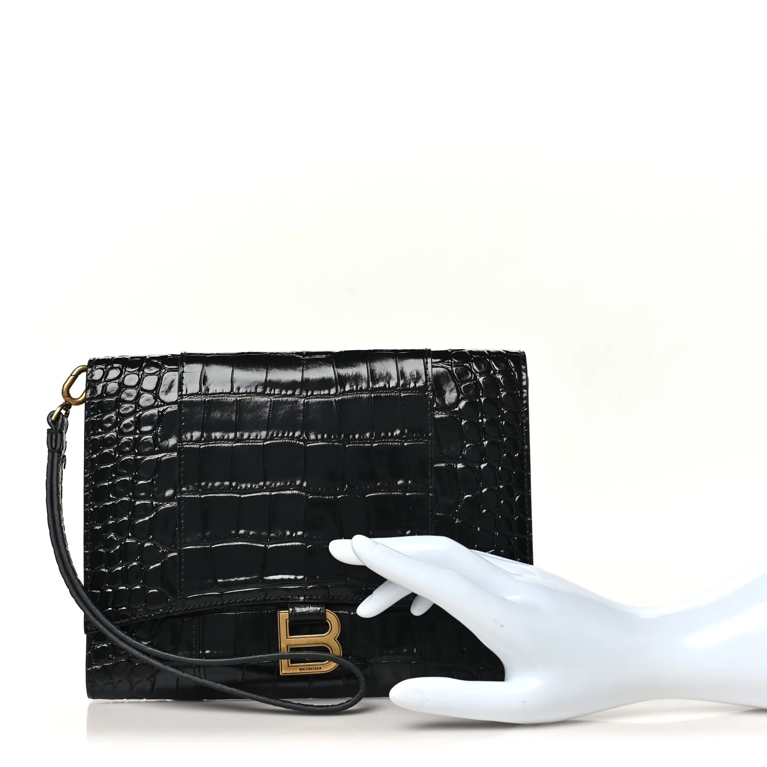 Balenciaga Shiny Calfskin Crocodile Embossed Hourglass Gusset Pouch Black — view 2