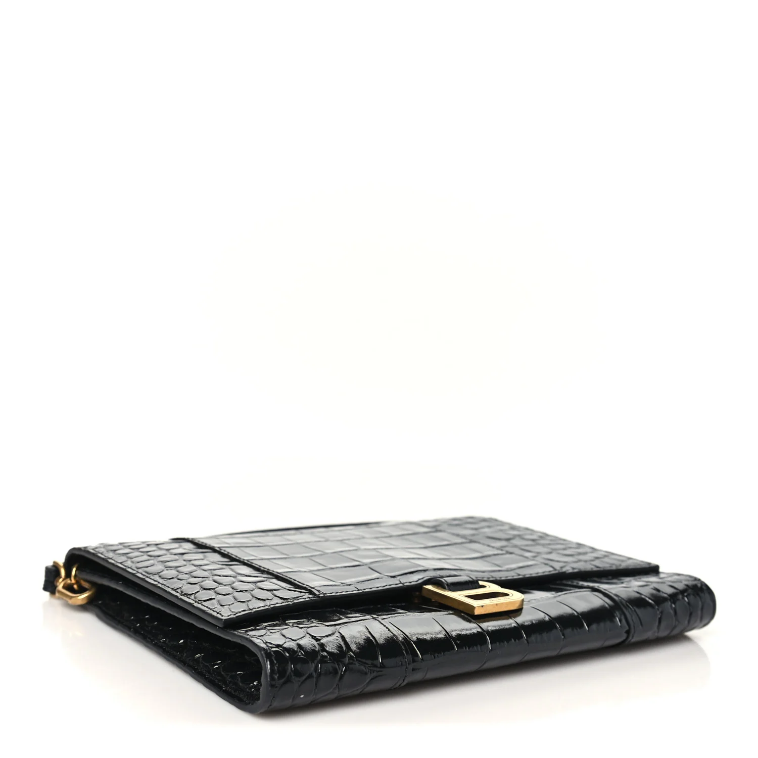 Balenciaga Shiny Calfskin Crocodile Embossed Hourglass Gusset Pouch Black — view 3