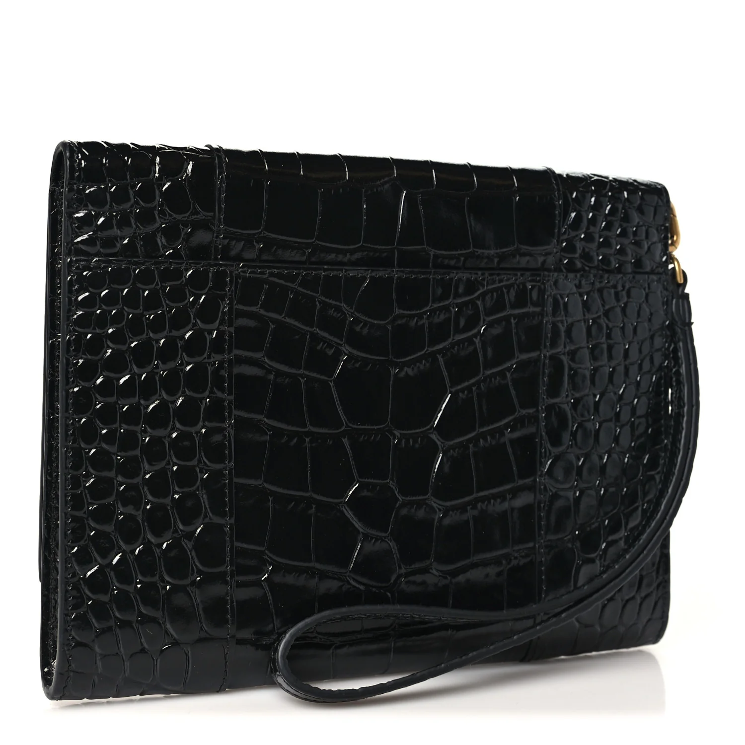 Balenciaga Shiny Calfskin Crocodile Embossed Hourglass Gusset Pouch Black — view 4