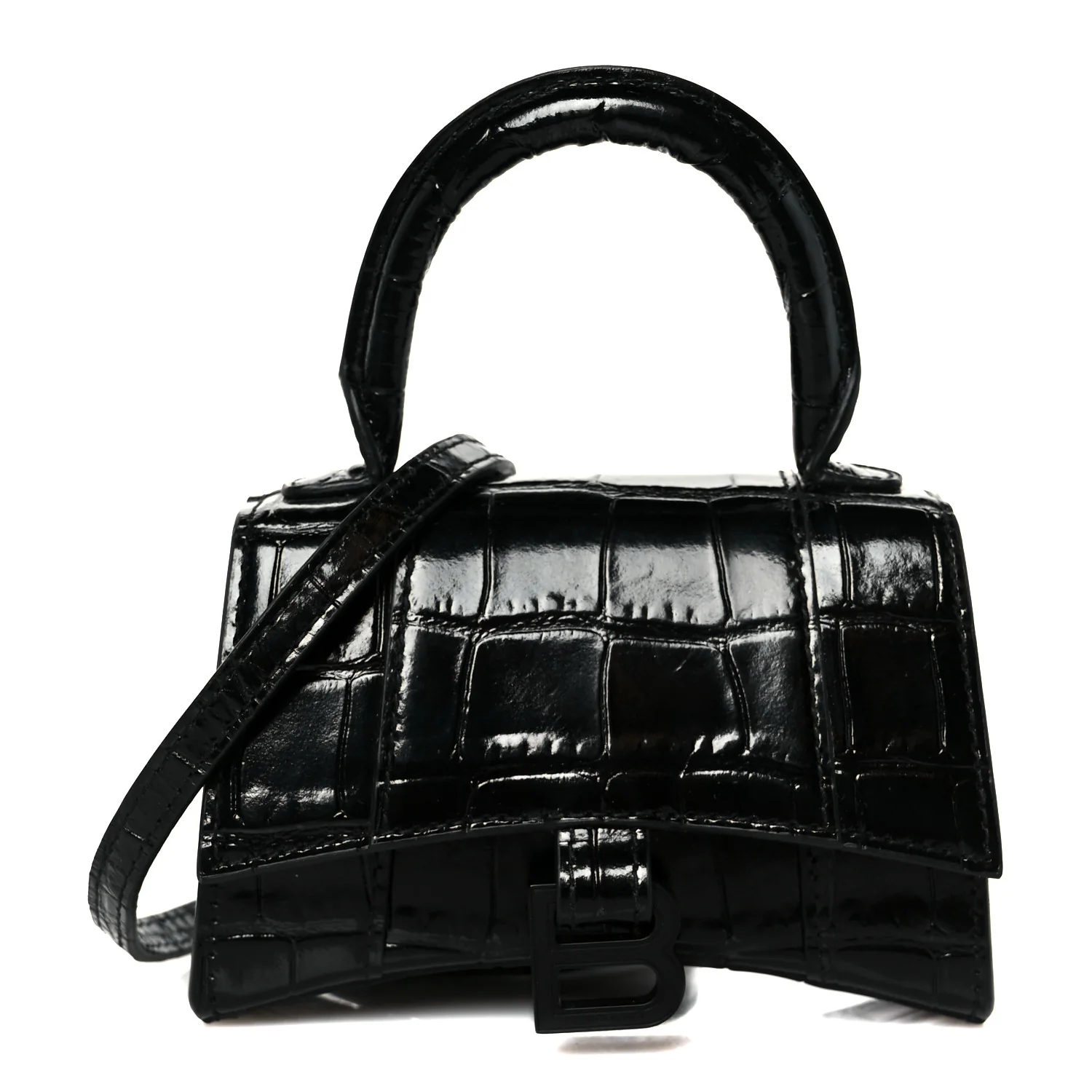 Balenciaga Shiny Calfskin Monochrome Crocodile Embossed Hourglass Top Handle Bag Mini Black