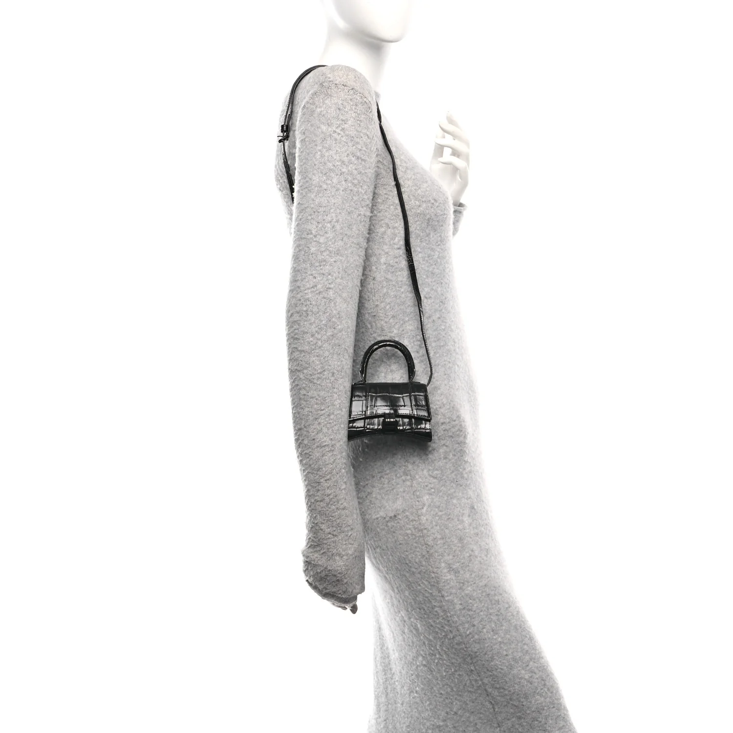Balenciaga Shiny Calfskin Monochrome Crocodile Embossed Hourglass Top Handle Bag Mini Black — view 2