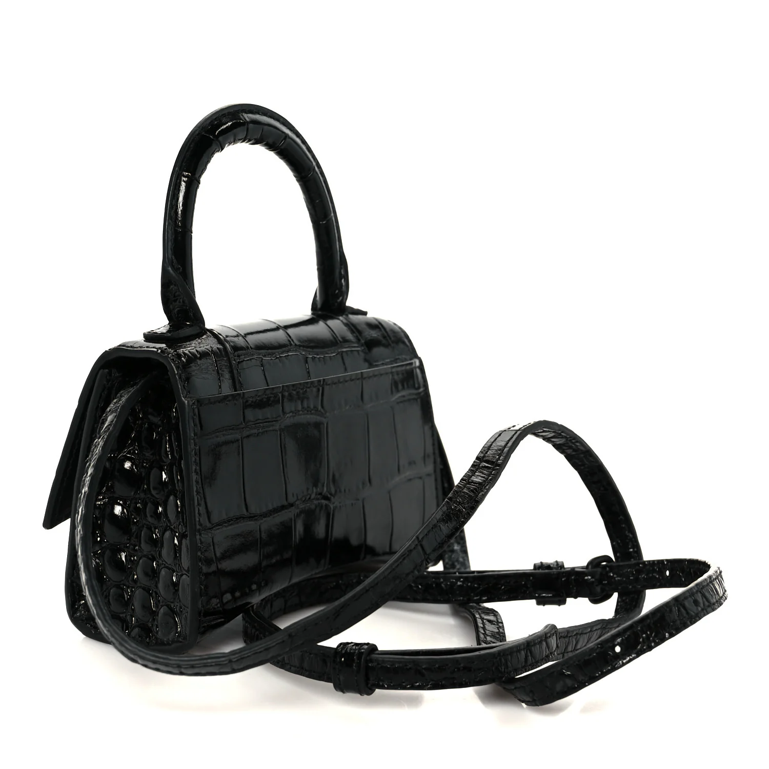 Balenciaga Shiny Calfskin Monochrome Crocodile Embossed Hourglass Top Handle Bag Mini Black — view 3