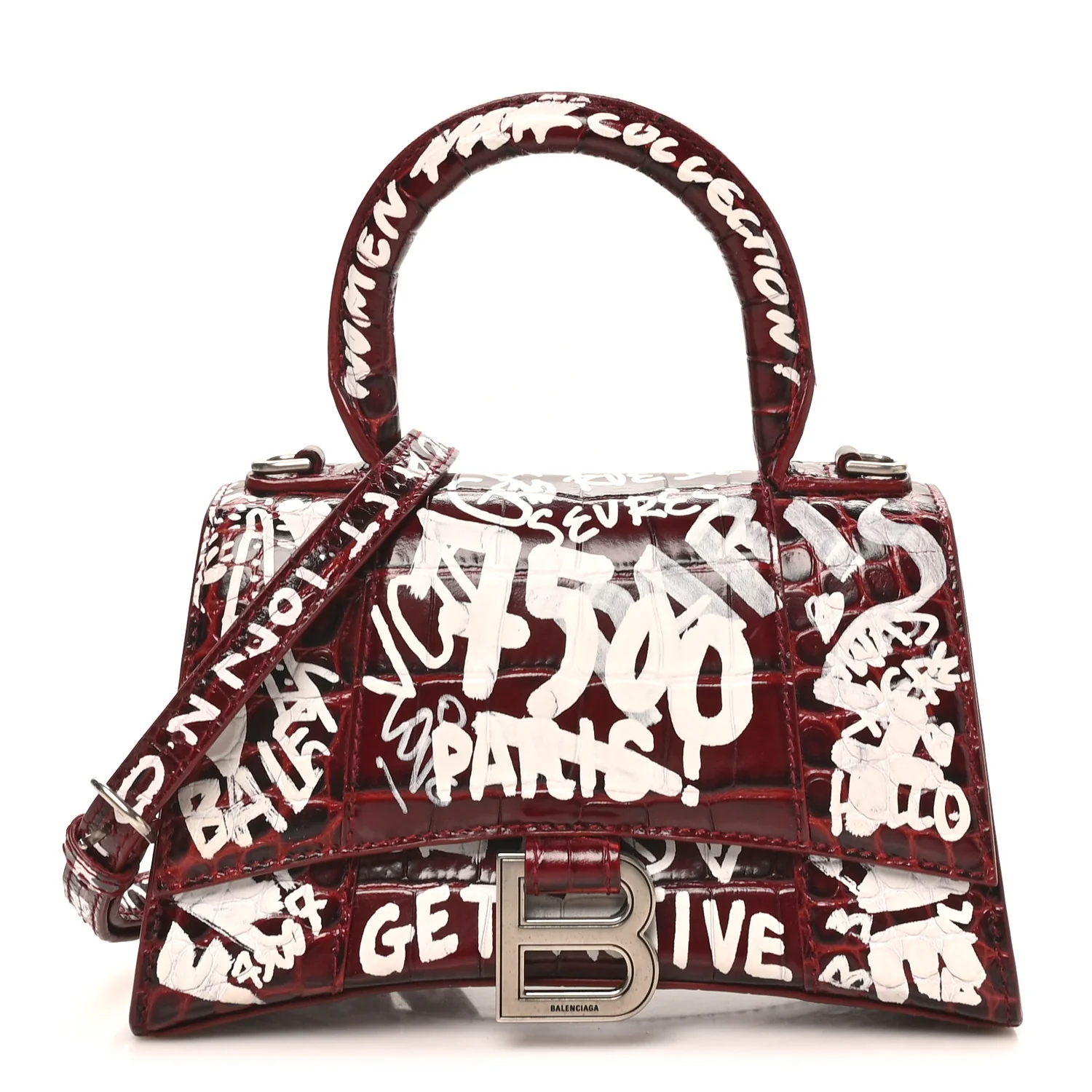 Balenciaga Crocodile Embossed Calfskin Graffiti Hourglass Top Handle Bag XS Dark Red White