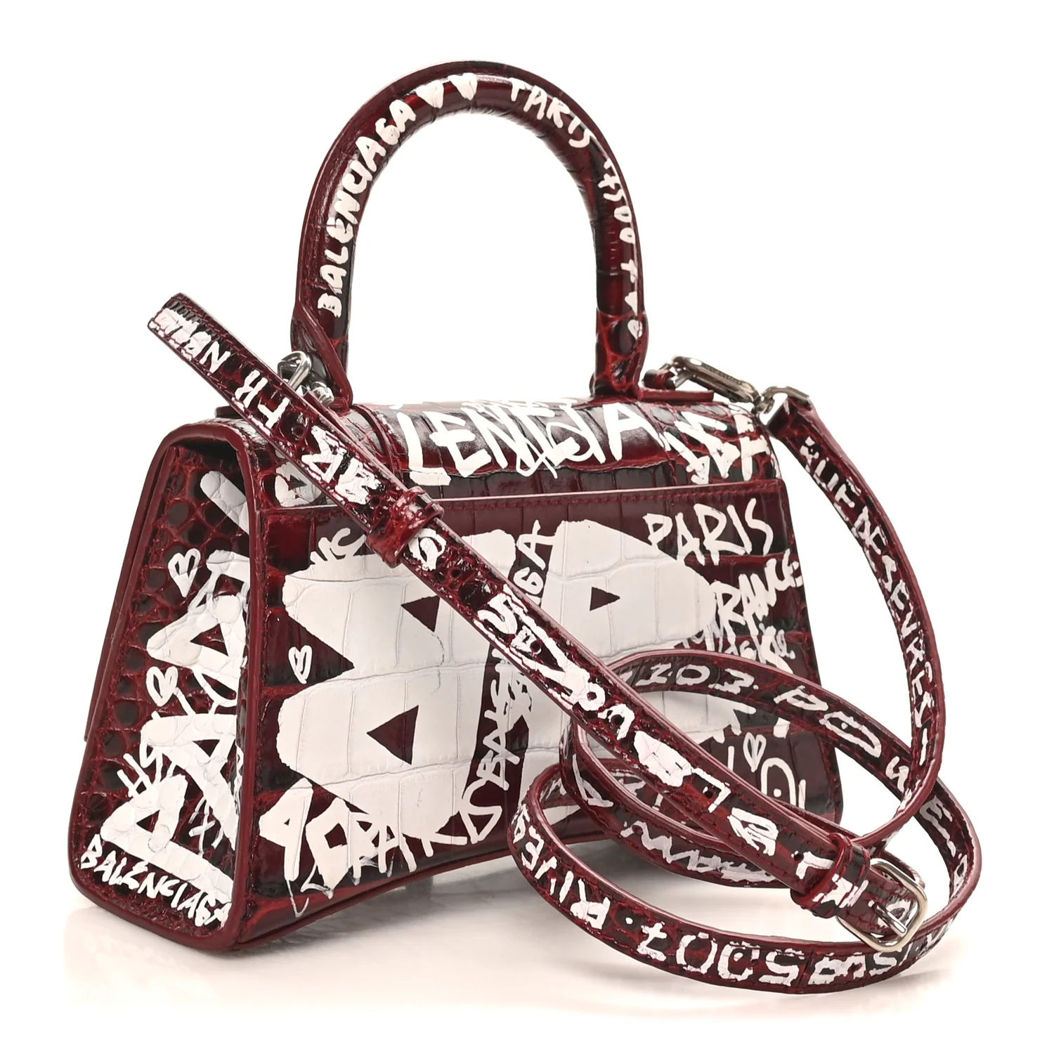 Balenciaga Crocodile Embossed Calfskin Graffiti Hourglass Top Handle Bag XS Dark Red White — view 3