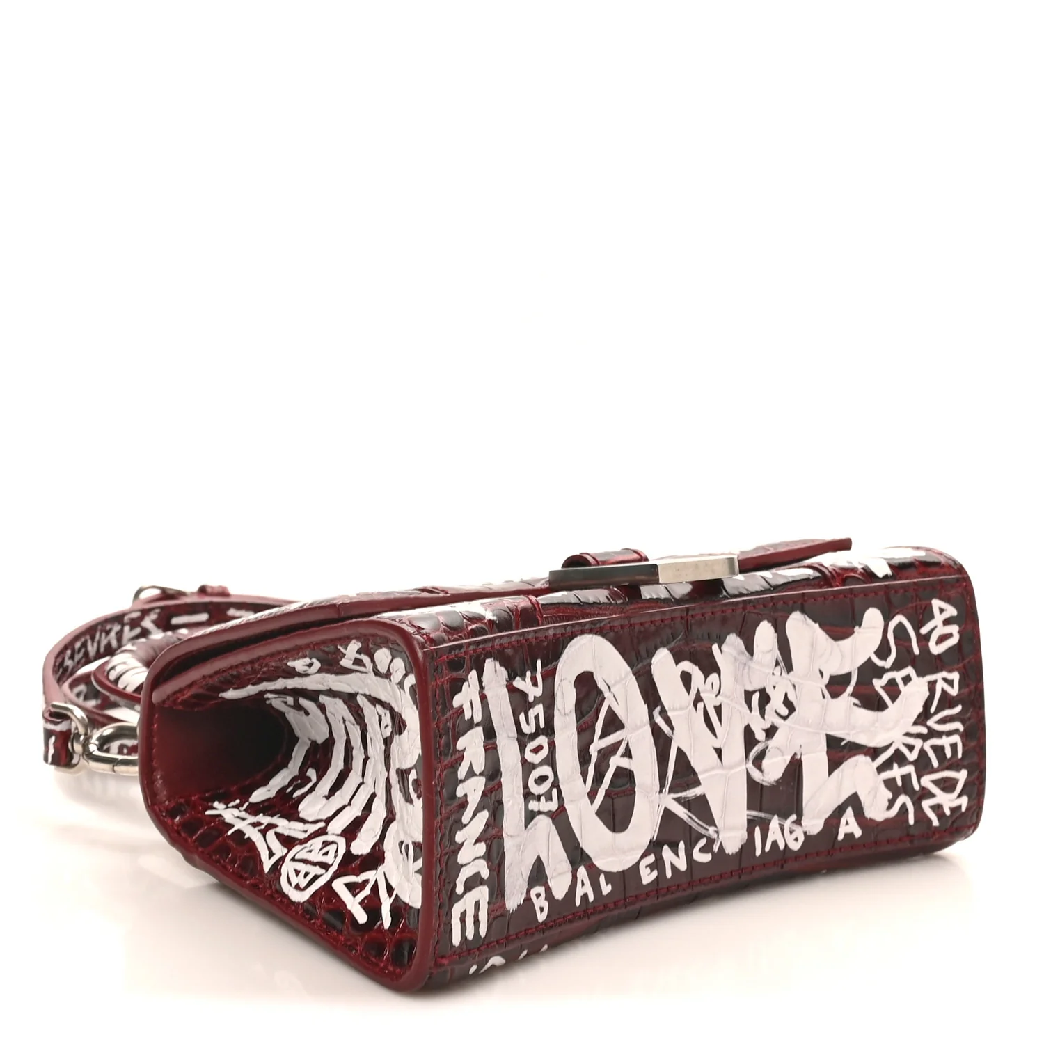 Balenciaga Crocodile Embossed Calfskin Graffiti Hourglass Top Handle Bag XS Dark Red White — view 4
