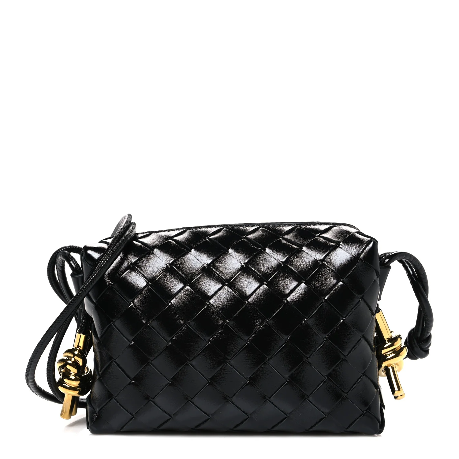 Bottega Veneta Polished Nappa Intrecciato Metallic Knot Mini Loop Camera Bag Black