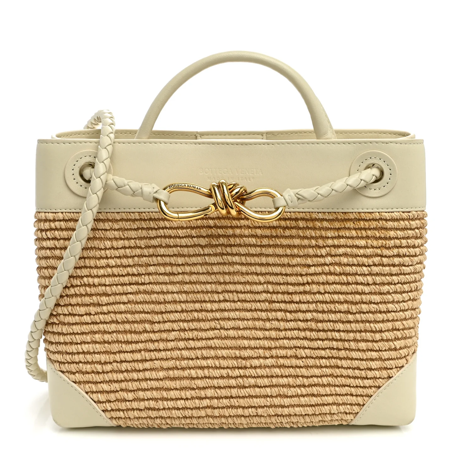 Bottega Veneta Raffia Calfskin Small Andiamo Shoulder Bag Sea Salt Natural