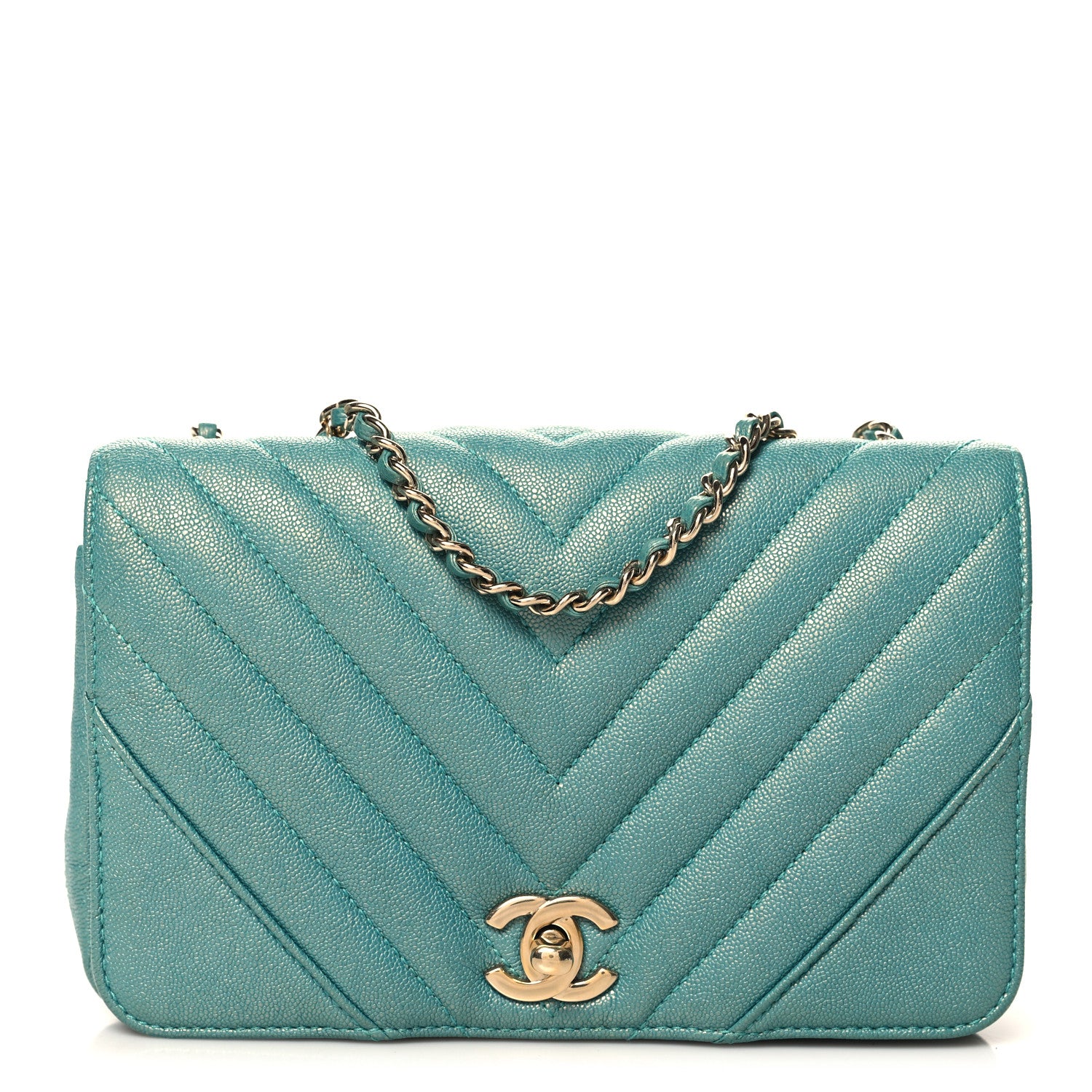 Caviar Chevron Quilted Small Statement Flap Turqouise