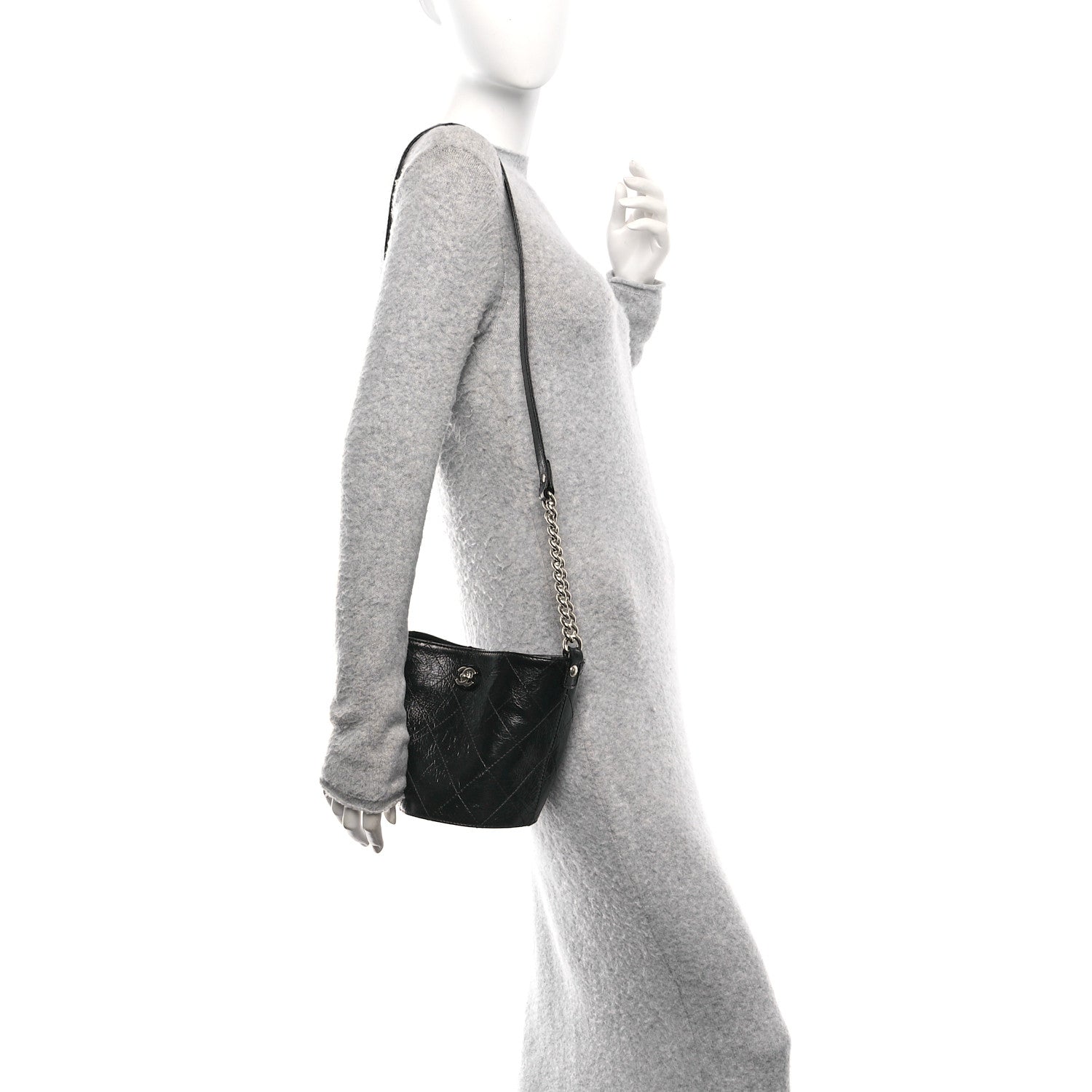 Crumpled Calfskin Quilted Chain Drawstring Bucket Bag Black — view 2