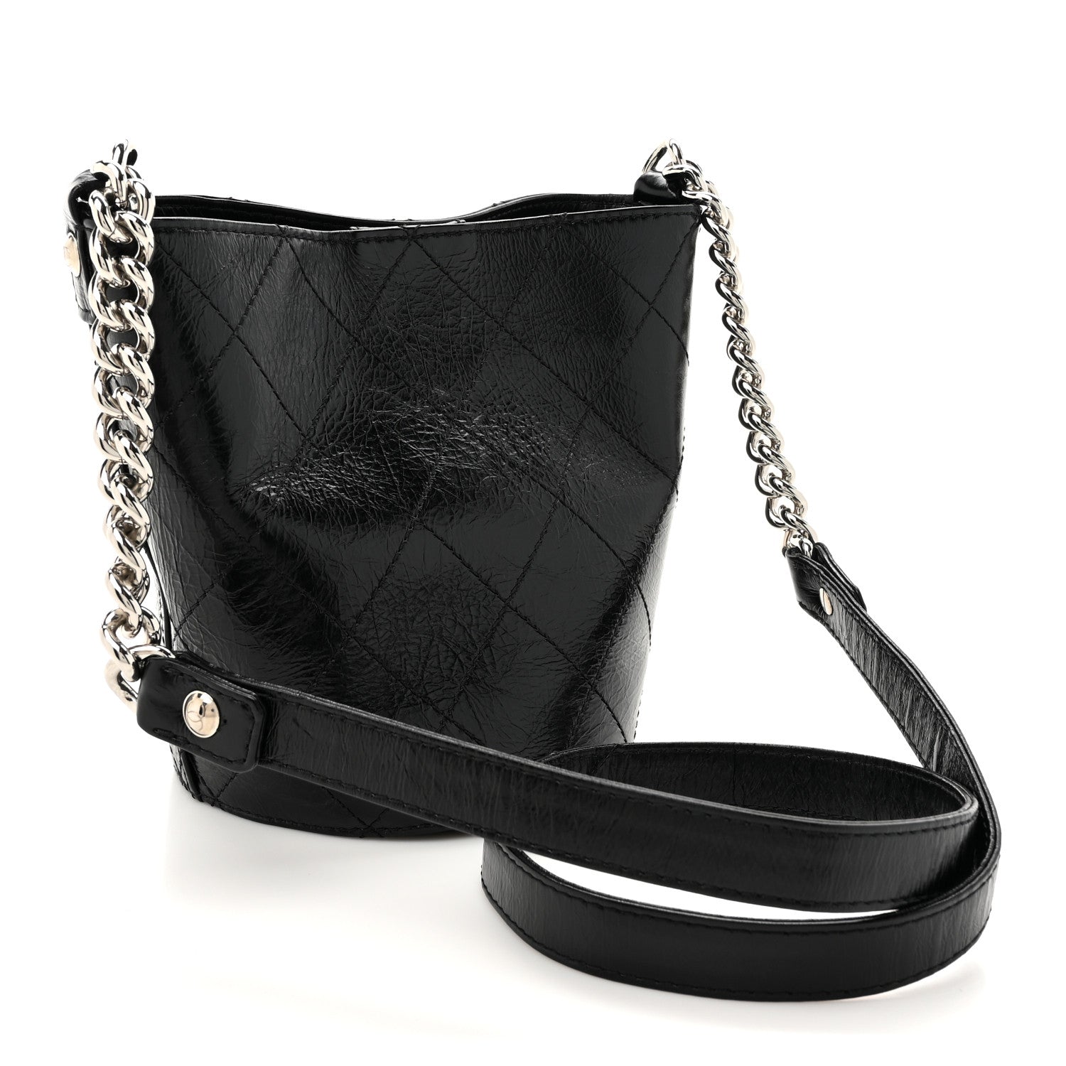 Crumpled Calfskin Quilted Chain Drawstring Bucket Bag Black — view 3