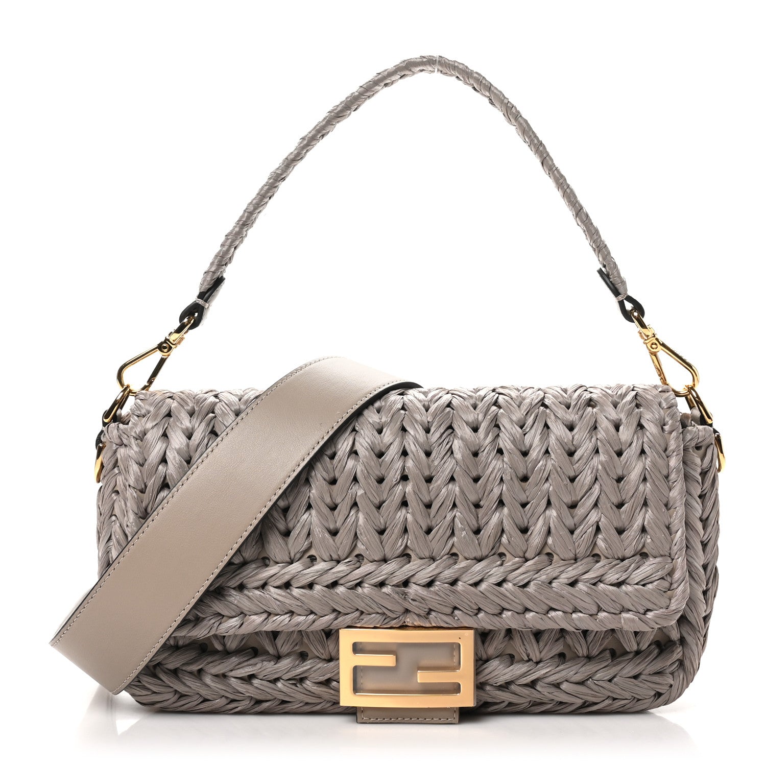 Paglia Vitello Grace FF Woven Baguette Tortora
