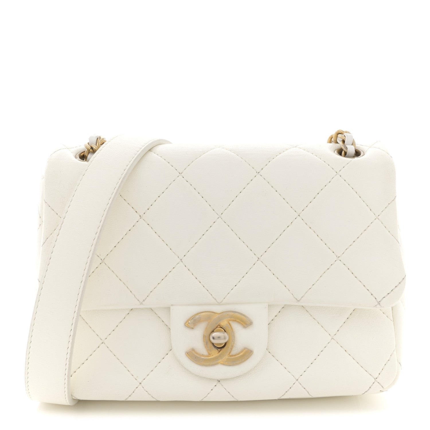 Shiny Lambskin Quilted Mini Flap White