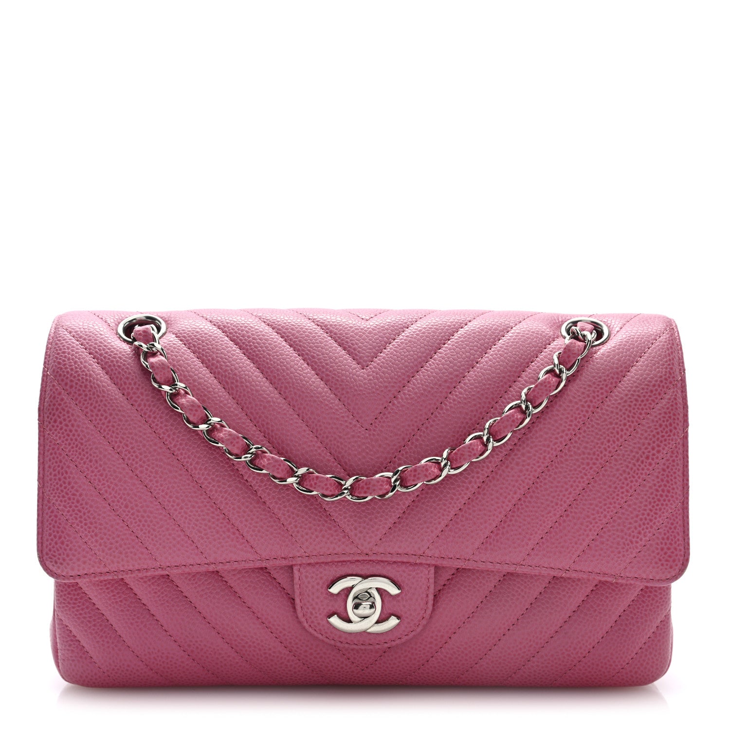 Caviar Chevron Quilted Medium Double Flap Pink