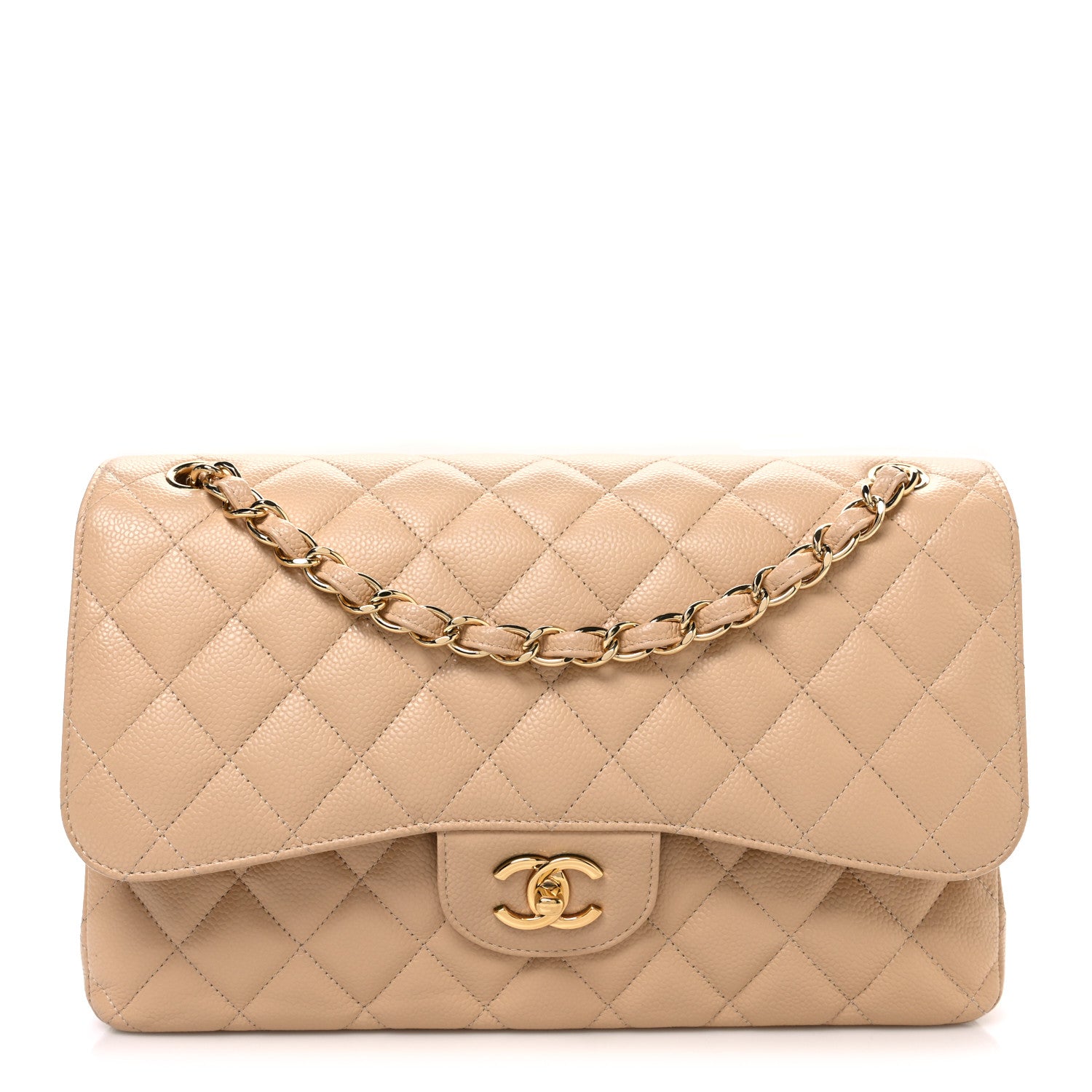Caviar Quilted Jumbo Double Flap Beige