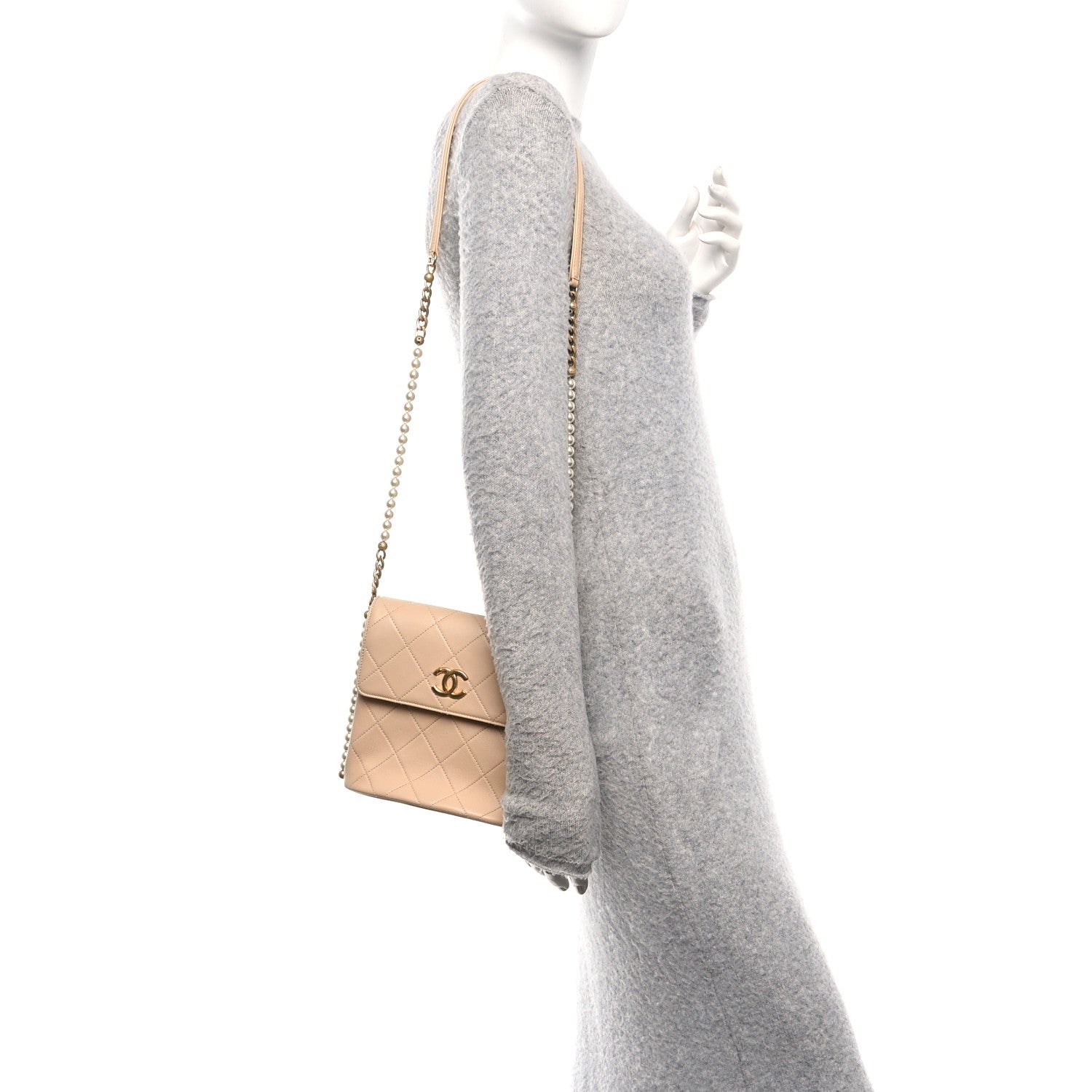 Calfskin Quilted Pearl Small Hobo Bag Beige — view 2